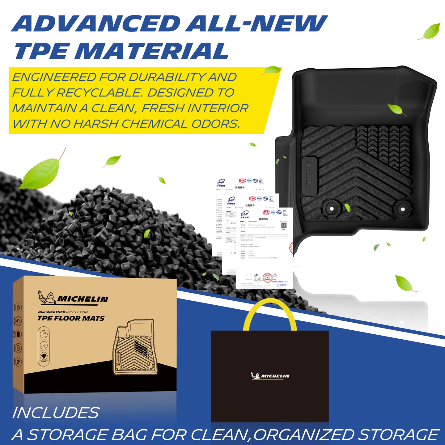 Michelin advanced recyclable odor‑free TPE floor mats, comes with storage bag and retail packaging