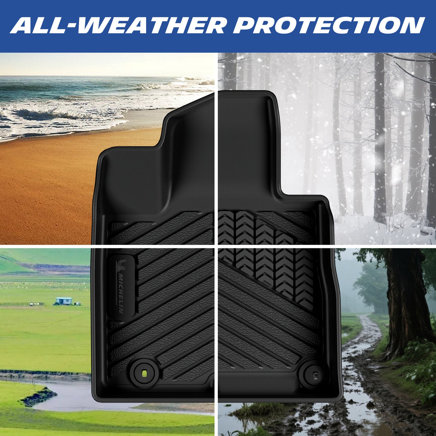 Black custom-fit all-weather TPE car floor mat demonstrating year-round protection across all four seasons. Designed to shield the vehicle's interior carpet from extreme environmental conditions, effectively containing beach sand, winter snow, outdoor dirt, and heavy mud.