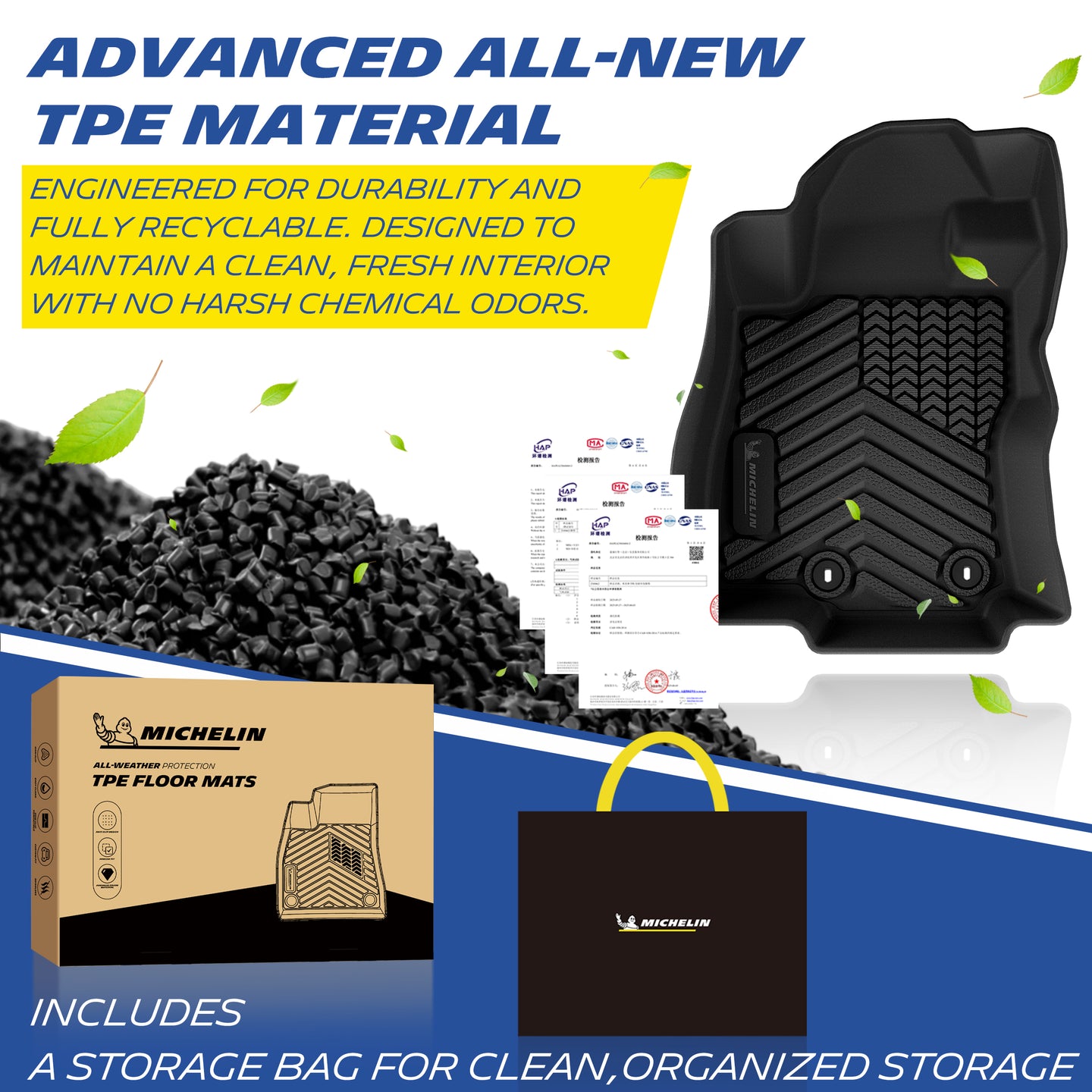 Advanced TPE floor mats, odorless, includes storage bag