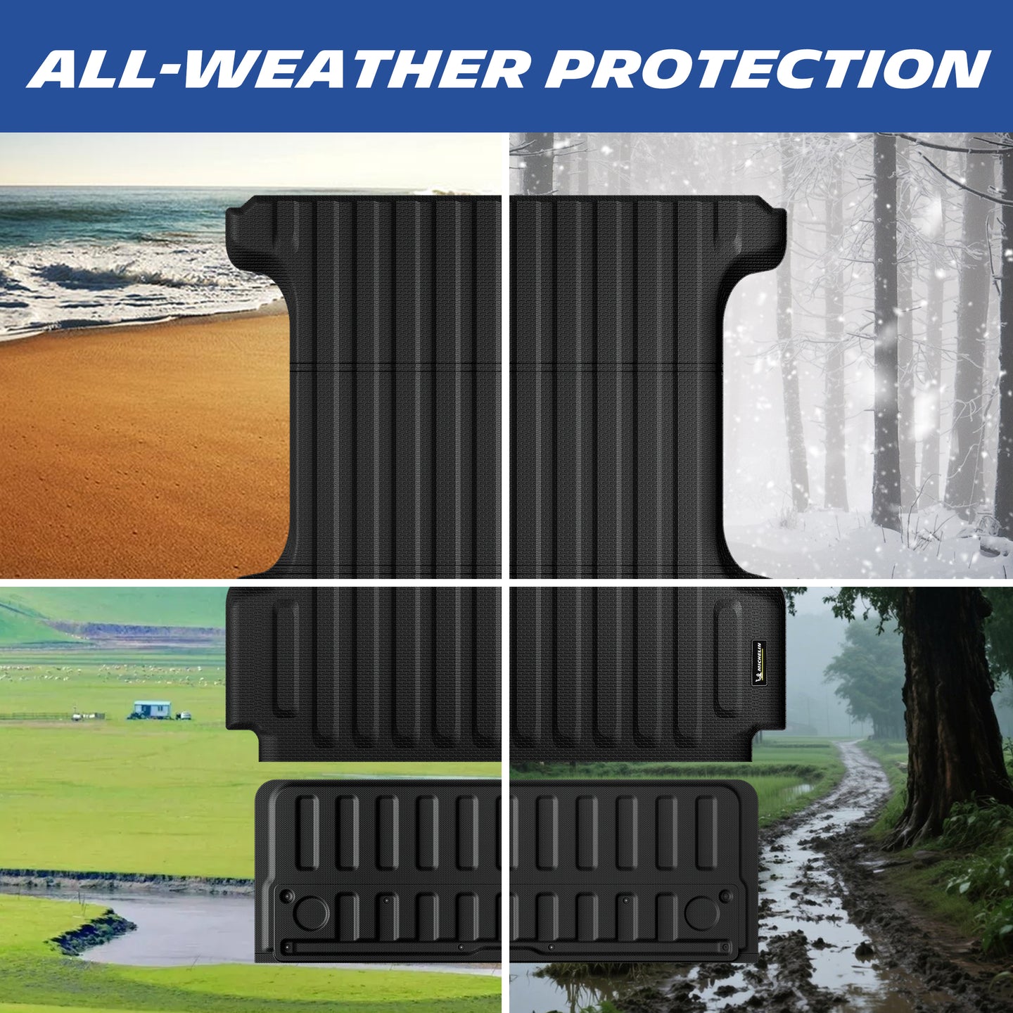 All-weather protection demonstration of a black heavy-duty truck bed and tailgate mat set. The four-panel split image highlights the product's exceptional ability to shield the truck cargo area from beach sand, winter forest snow, outdoor grass dirt, and extreme trail mud, proving its year-round durability and ultimate defense across diverse and harsh outdoor environments.