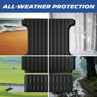 All-weather protection demonstration of a black heavy-duty truck bed and tailgate mat set. The four-panel split image highlights the product's exceptional ability to shield the truck cargo area from beach sand, winter forest snow, outdoor grass dirt, and extreme trail mud, proving its year-round durability and ultimate defense across diverse and harsh outdoor environments.
