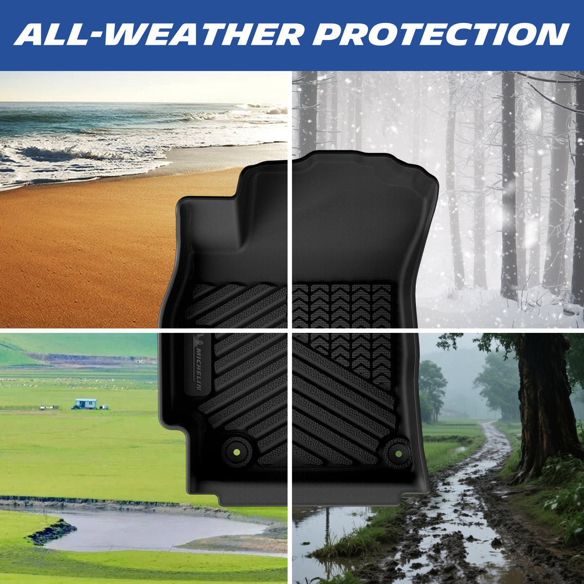 All-weather protection demonstration of the custom-fit TPE car floor mat for Hyundai Elantra and Elantra N. A four-panel image highlights its ability to seamlessly shield the interior carpet from beach sand, winter snow, outdoor dirt, and heavy mud across all four seasons.