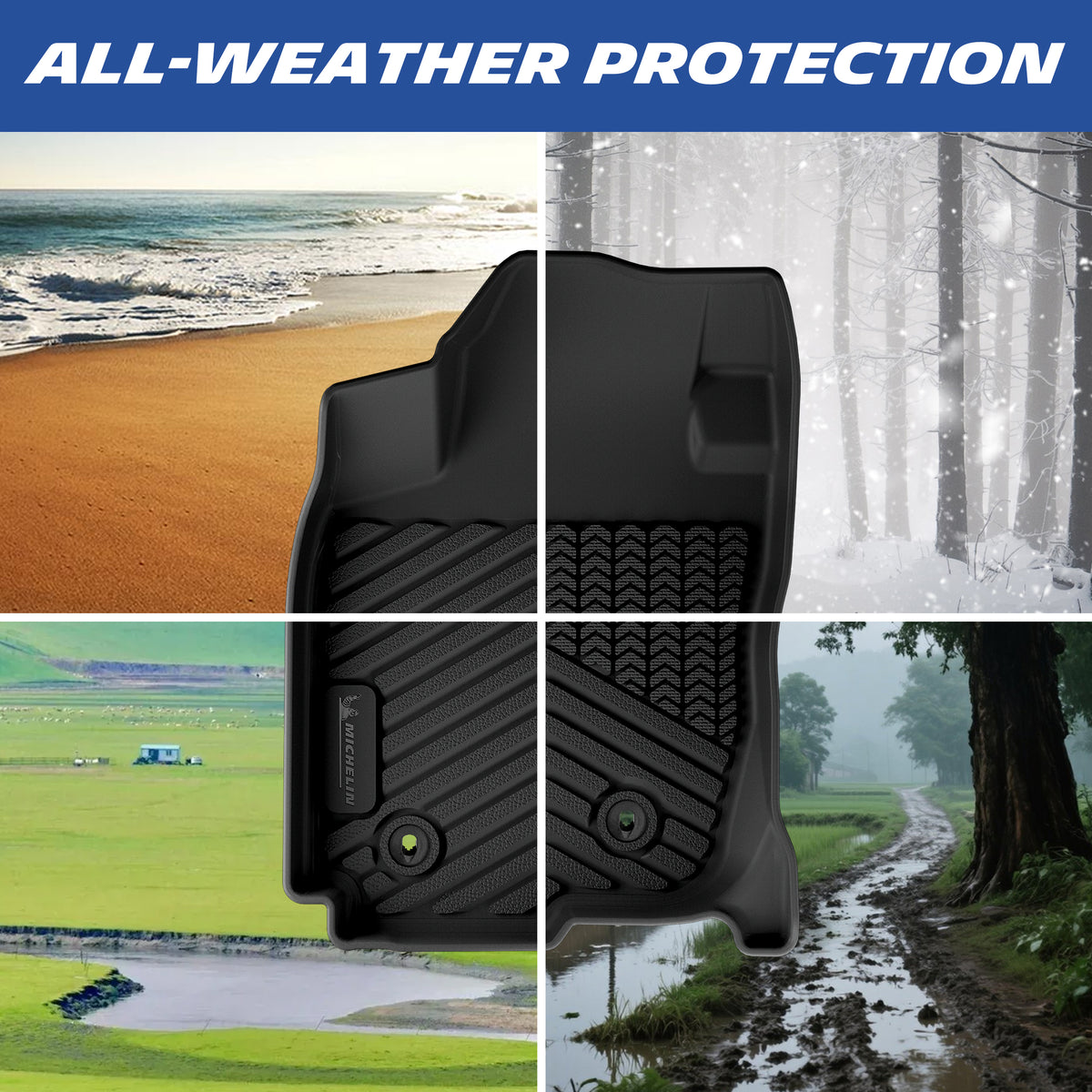 Michelin all-weather TPE floor mats all-weather protection shown, suitable for beach, snow, grass, and muddy conditions, year-round protection for original vehicle carpet.