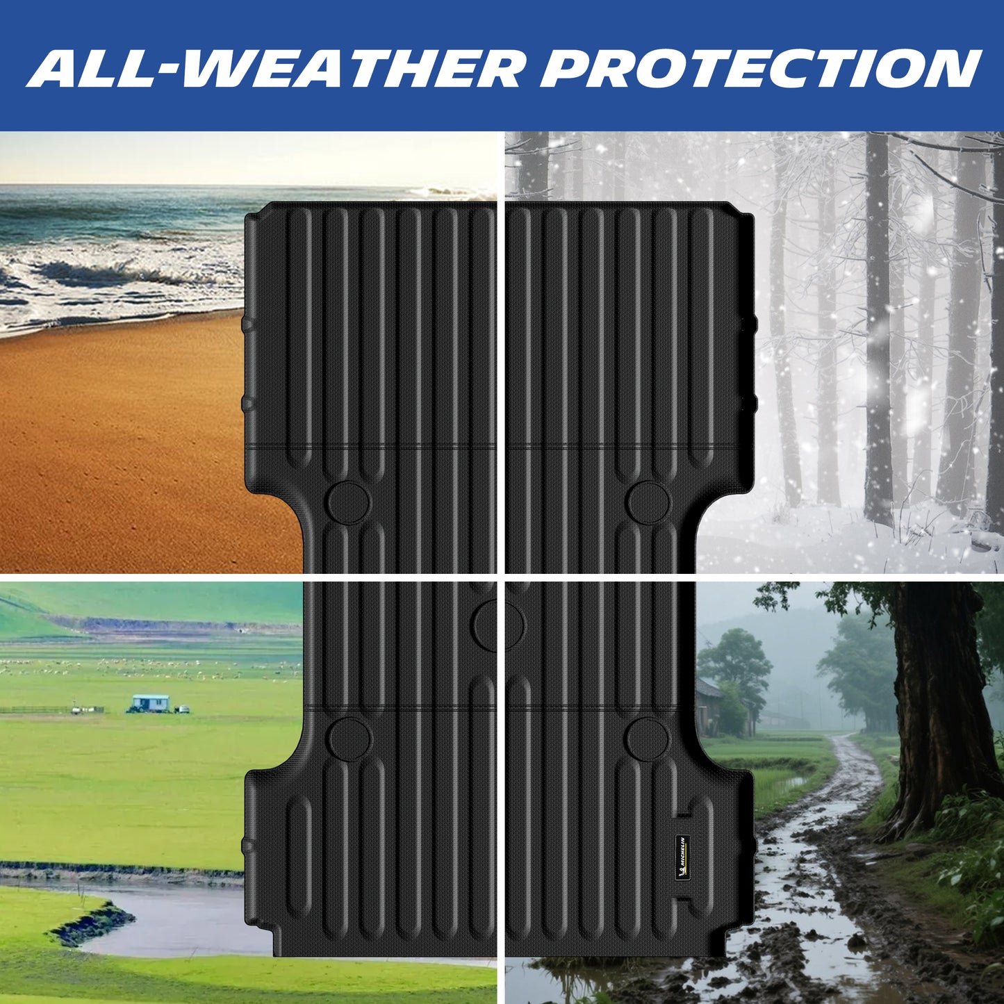 All-weather protection demonstration of the custom-fit TPE truck bed mat for 2019-2026 Ram 2500/3500 8 FT bed. A four-panel image highlights its ability to seamlessly shield the cargo bed from beach sand, winter snow, outdoor dirt, and heavy mud across all four seasons.