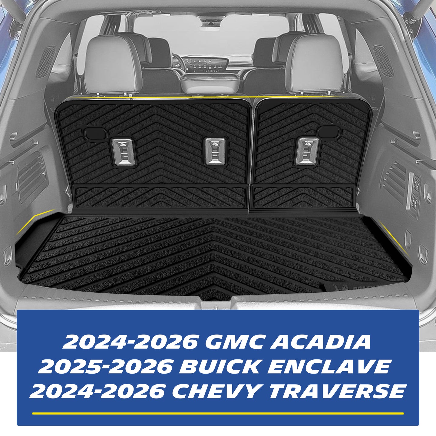 Real-world installation of the custom-fit black TPE trunk cargo liner and 3rd-row seat back protectors in a 7-seat GMC Acadia, Chevy Traverse, or Buick Enclave. Demonstrates precise edge-to-edge fitment that seamlessly accommodates seat folding while offering ultimate cargo area protection.