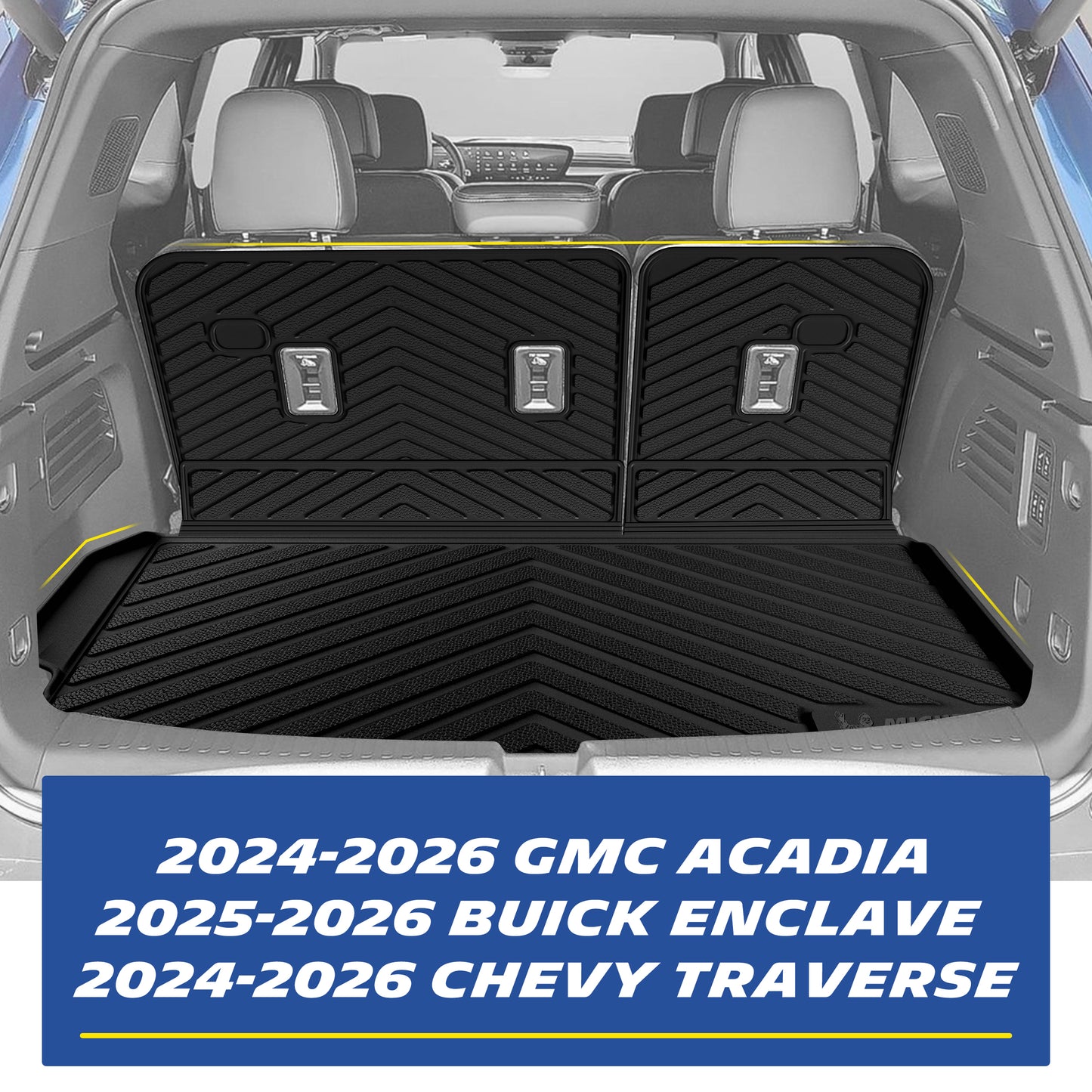 Real-world installation of the custom-fit black TPE trunk cargo liner and 3rd-row seat back protectors in a 7-seat GMC Acadia, Chevy Traverse, or Buick Enclave. Demonstrates precise edge-to-edge fitment that seamlessly accommodates seat folding while offering ultimate cargo area protection.