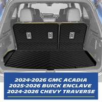 Real-world installation of the custom-fit black TPE trunk cargo liner and 3rd-row seat back protectors in a 7-seat GMC Acadia, Chevy Traverse, or Buick Enclave. Demonstrates precise edge-to-edge fitment that seamlessly accommodates seat folding while offering ultimate cargo area protection.