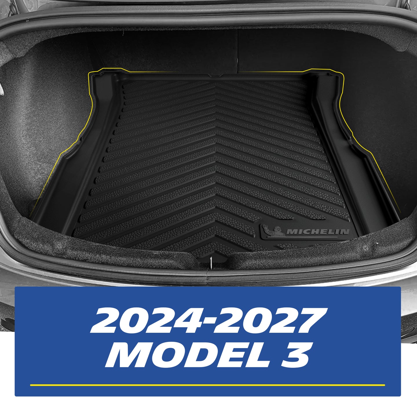 Real-world installation of a custom-fit black TPE rear trunk cargo mat inside a 2024-2027 Tesla Model 3. The image demonstrates the precise edge-to-edge fitment perfectly contouring the trunk space walls for comprehensive cargo and spill protection.