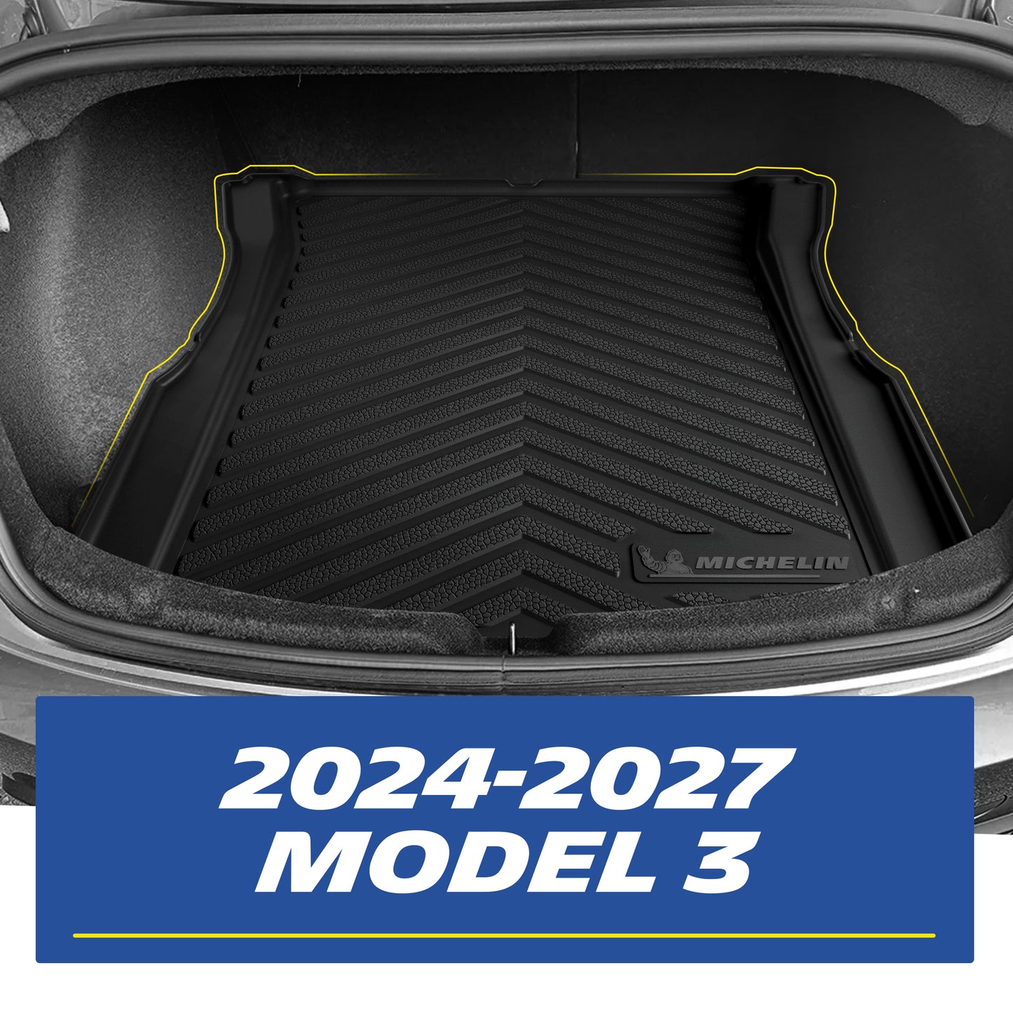 Real-world installation of a custom-fit black TPE rear trunk cargo mat inside a 2024-2027 Tesla Model 3. The image demonstrates the precise edge-to-edge fitment perfectly contouring the trunk space walls for comprehensive cargo and spill protection.