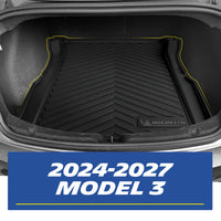 Real-world installation of a custom-fit black TPE rear trunk cargo mat inside a 2024-2027 Tesla Model 3. The image demonstrates the precise edge-to-edge fitment perfectly contouring the trunk space walls for comprehensive cargo and spill protection.