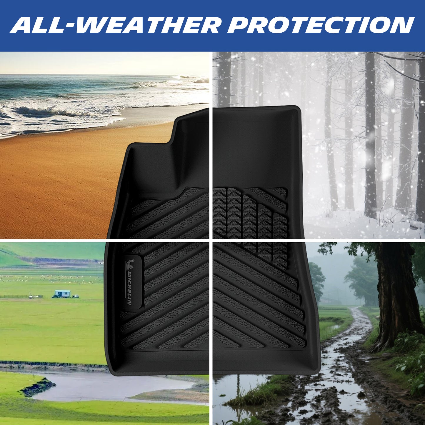 All-weather protection demonstration of the custom-fit TPE car floor mat for 2024-2027 Tesla Model 3. A four-panel image highlights its ability to seamlessly shield the interior carpet from beach sand, winter snow, outdoor dirt, and heavy mud across all four seasons.