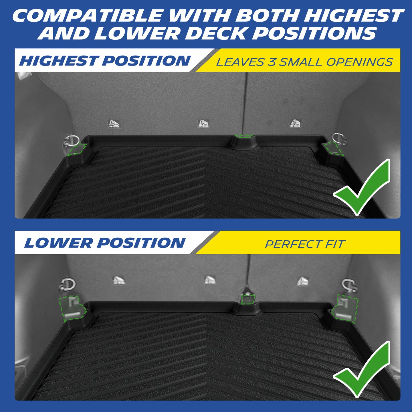 Dual-position trunk mat compatible with high & low cargo floor deck of Jeep Compass