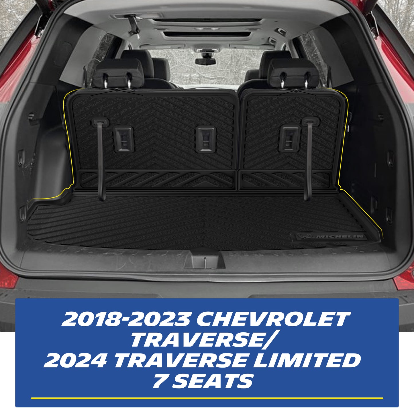 Real-world installation of the custom-fit MICHELIN black TPE rear trunk cargo mat and seat back protectors inside a 2018-2023 Chevrolet Traverse / 2024 Traverse Limited 7-seater. Demonstrates precise edge-to-edge fitment perfectly accommodating the 3rd-row seats for comprehensive waterproof cargo protection.