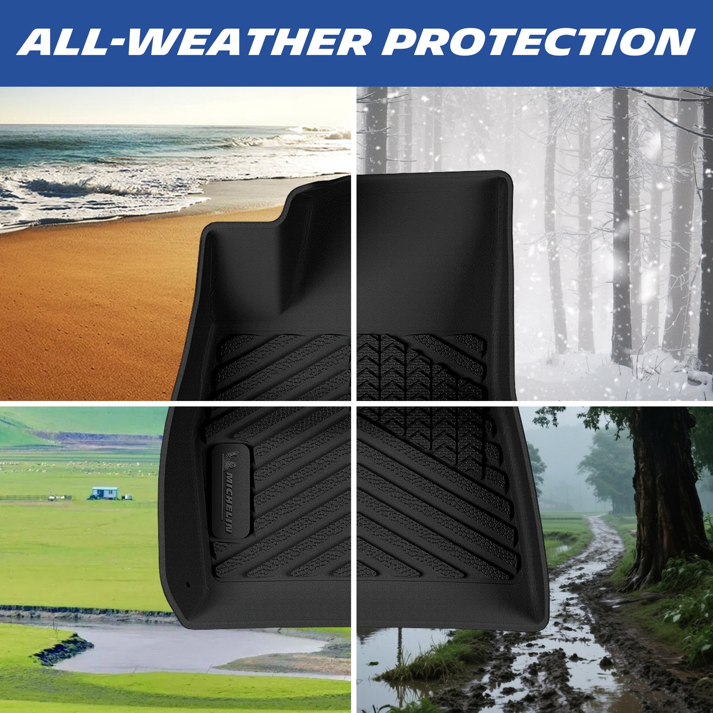 All-weather protection demonstration of the custom-fit TPE car floor mat for 2017-2023 Tesla Model 3. A four-panel split image highlights its ability to seamlessly shield the interior carpet from beach sand, winter snow, outdoor dirt, and heavy mud across all four seasons.