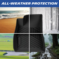 All-weather protection demonstration of the custom-fit TPE car floor mat for 2017-2023 Tesla Model 3. A four-panel split image highlights its ability to seamlessly shield the interior carpet from beach sand, winter snow, outdoor dirt, and heavy mud across all four seasons.