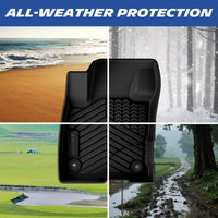 Michelin all-weather TPE floor mats all-weather protection shown, suitable for beach, snow, grass, and muddy conditions, year-round protection for original vehicle carpet.