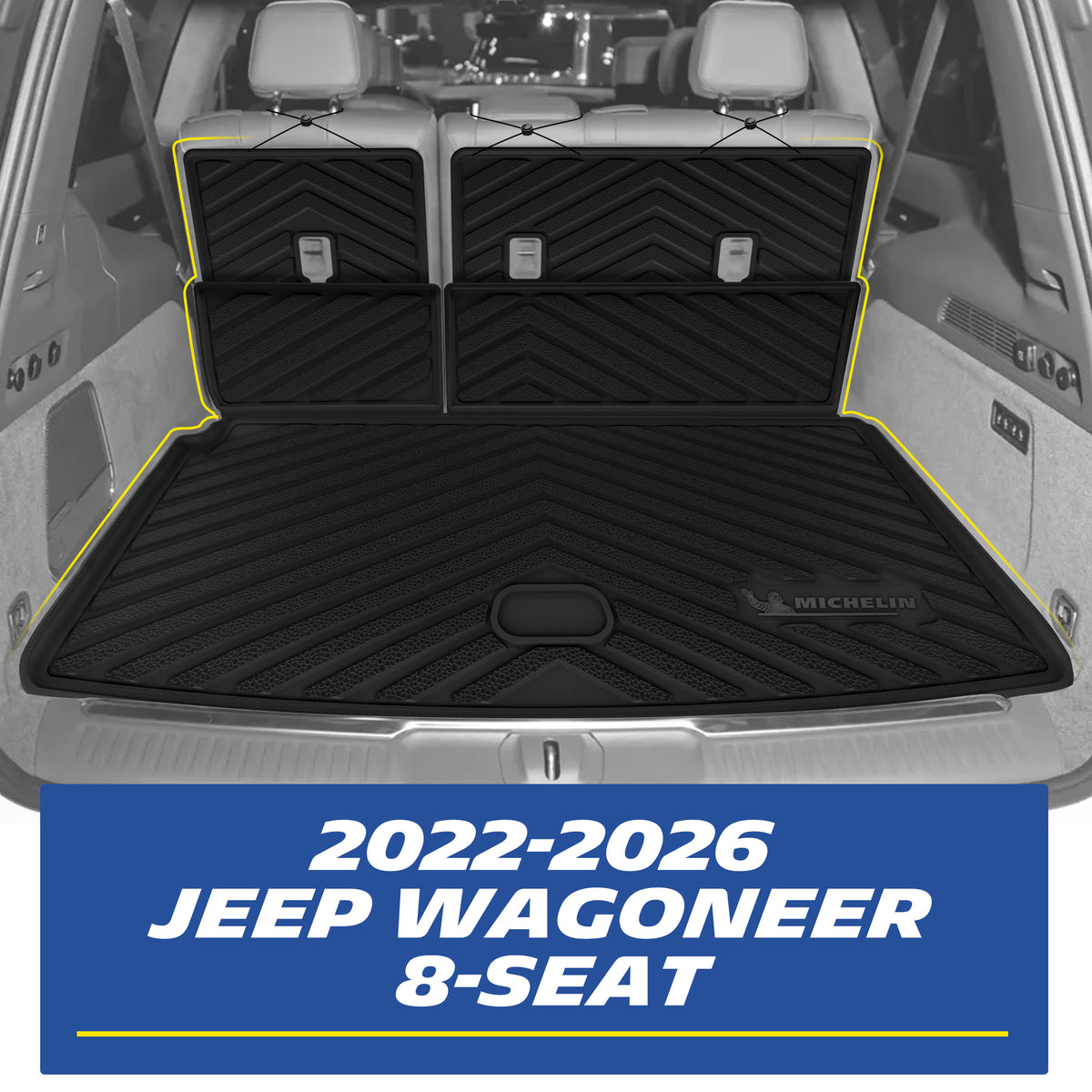 Michelin all-weather TPE cargo mat and rear seat backrest mats, fits 2022-2026 Jeep Wagoneer 8-seat, trunk installation shown, custom-fit for perfect floor coverage.