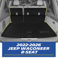 Michelin all-weather TPE cargo mat and rear seat backrest mats, fits 2022-2026 Jeep Wagoneer 8-seat, trunk installation shown, custom-fit for perfect floor coverage.