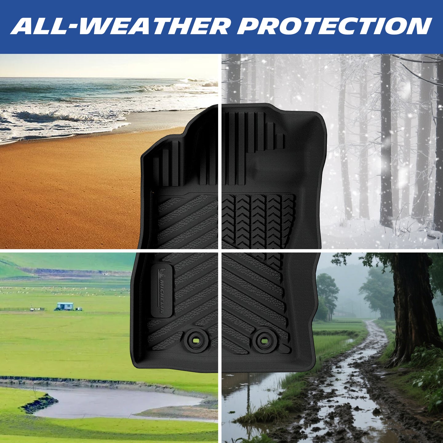  All-season protection showcase, mats handle beach sand, snow, mud and wet farm terrain