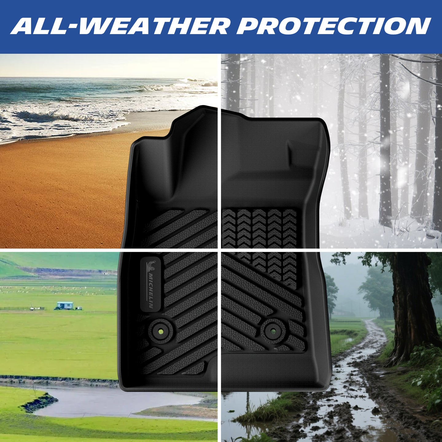 All-weather protection demonstration of the custom-fit TPE car floor mat for 2024-2026 Chevy Trax and Buick Envista. A four-panel image highlights its ability to seamlessly shield the interior carpet from beach sand, winter snow, outdoor dirt, and heavy mud across all four seasons.