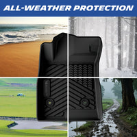 All-weather protection demonstration of the custom-fit TPE car floor mat for 2024-2026 Chevy Trax and Buick Envista. A four-panel image highlights its ability to seamlessly shield the interior carpet from beach sand, winter snow, outdoor dirt, and heavy mud across all four seasons.