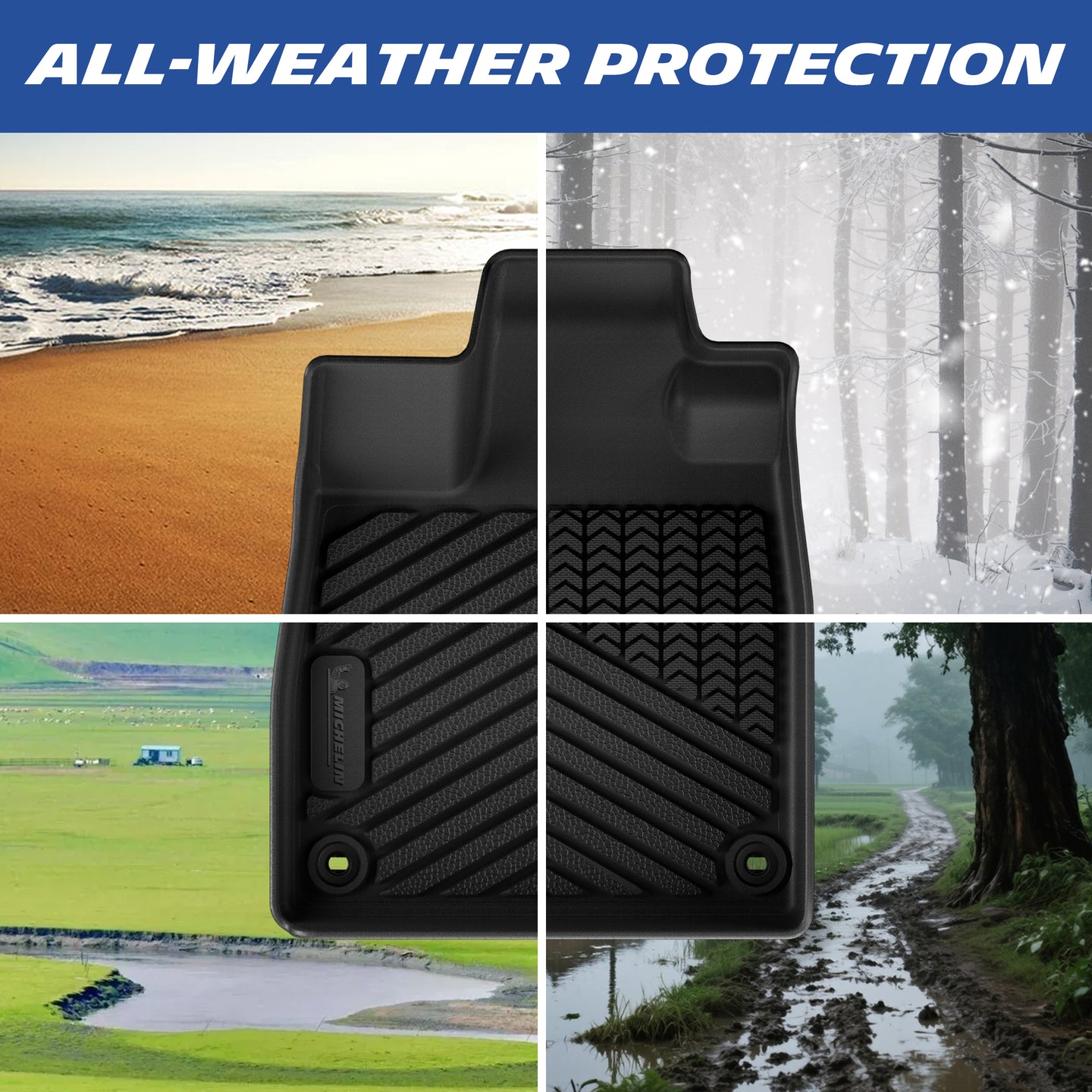 All-weather protection demonstration of the custom-fit TPE car floor mat set for 2023-2026 Honda Pilot. A four-panel image highlights its ability to seamlessly shield the interior carpet from beach sand, winter snow, outdoor dirt, and heavy mud across all four seasons.