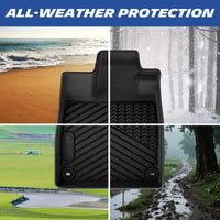 All-weather protection demonstration of the custom-fit TPE car floor mat set for 2023-2026 Honda Pilot. A four-panel image highlights its ability to seamlessly shield the interior carpet from beach sand, winter snow, outdoor dirt, and heavy mud across all four seasons.