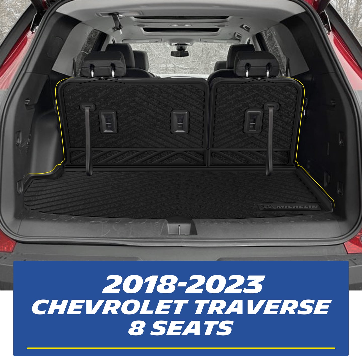 Real-world installation of the custom-fit MICHELIN black TPE rear trunk cargo mat and seat back protectors inside a 2018-2023 Chevrolet Traverse 8-seater. Demonstrates precise edge-to-edge fitment perfectly accommodating the 3rd-row seats for comprehensive waterproof cargo protection.