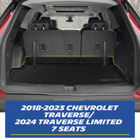 Real-world installation of the custom-fit MICHELIN black TPE rear trunk cargo mat and seat back protectors inside a 2018-2023 Chevrolet Traverse / 2024 Traverse Limited 7-seater. Demonstrates precise edge-to-edge fitment perfectly accommodating the 3rd-row seats for comprehensive waterproof cargo protection.