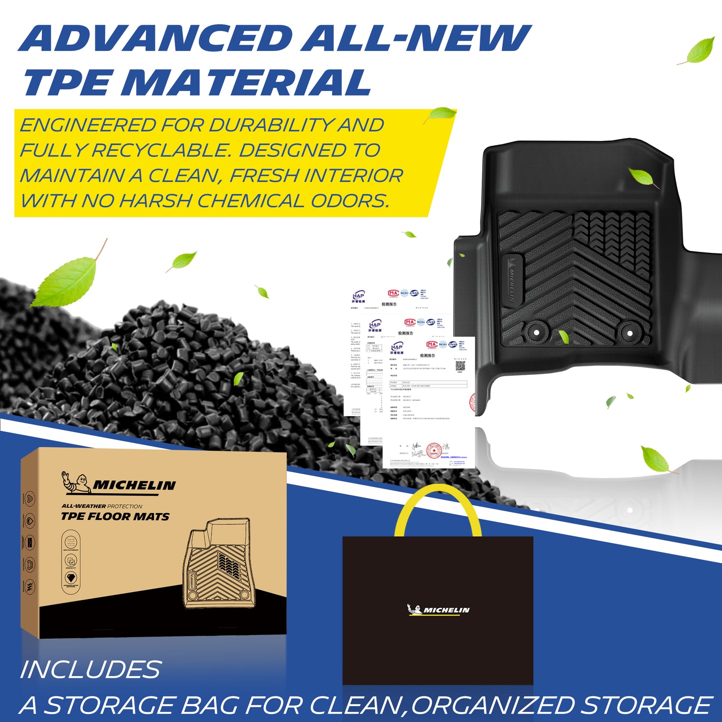 Michelin advanced recyclable odor‑free TPE floor mats, comes with storage bag and retail packaging
