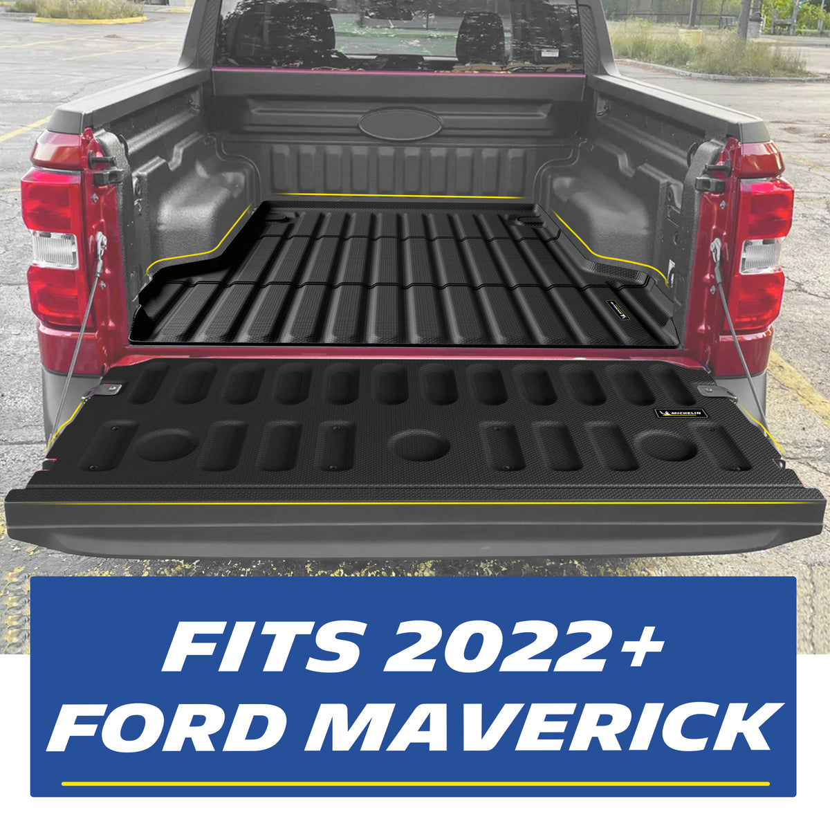 Michelin all-weather TPE truck bed mat, fits 2022+ Ford Maverick pickup, bed and tailgate installation shown, custom-fit for perfect cargo bed coverage.