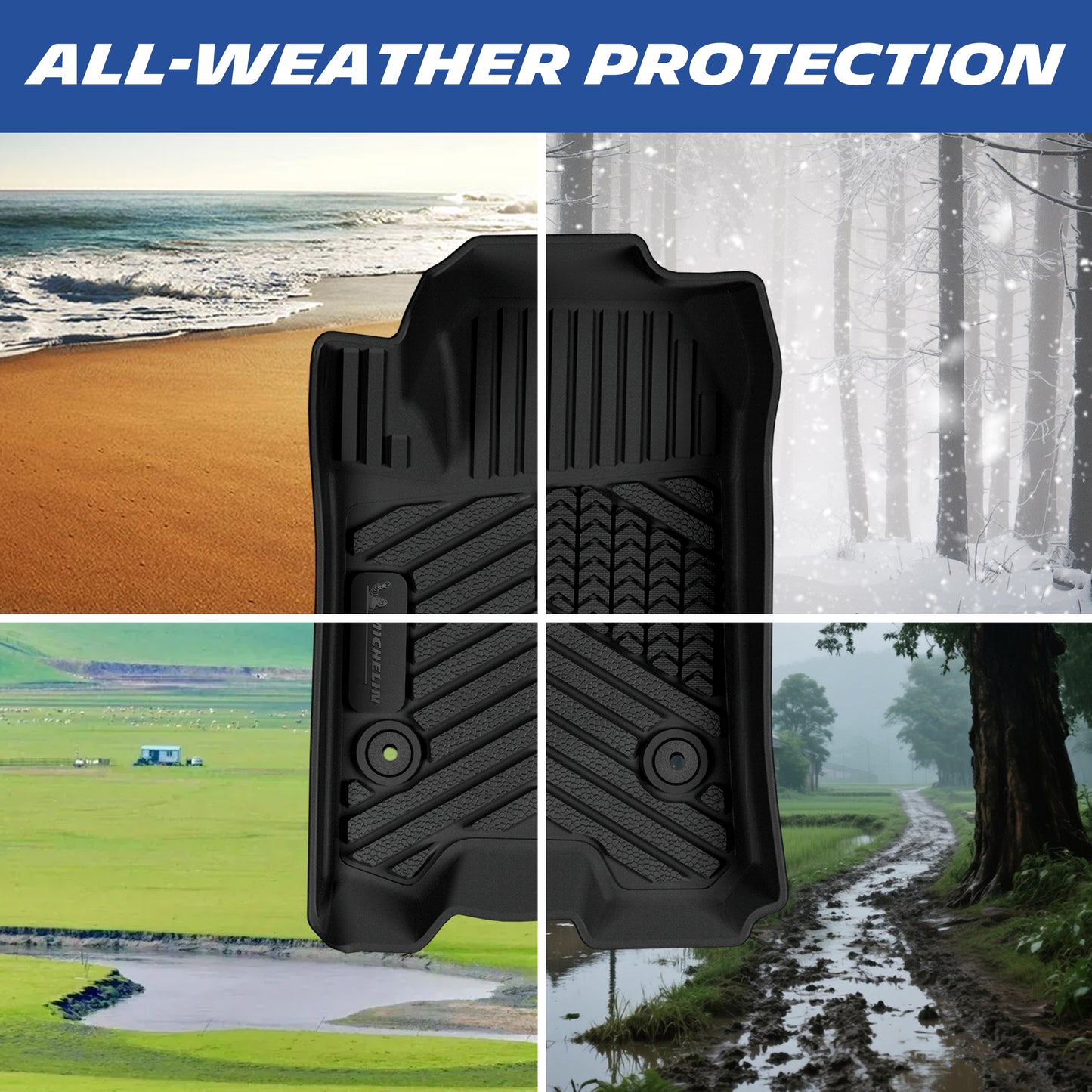 All-season car floor protection, ideal for beach, snow, muddy trails and wet road conditions.