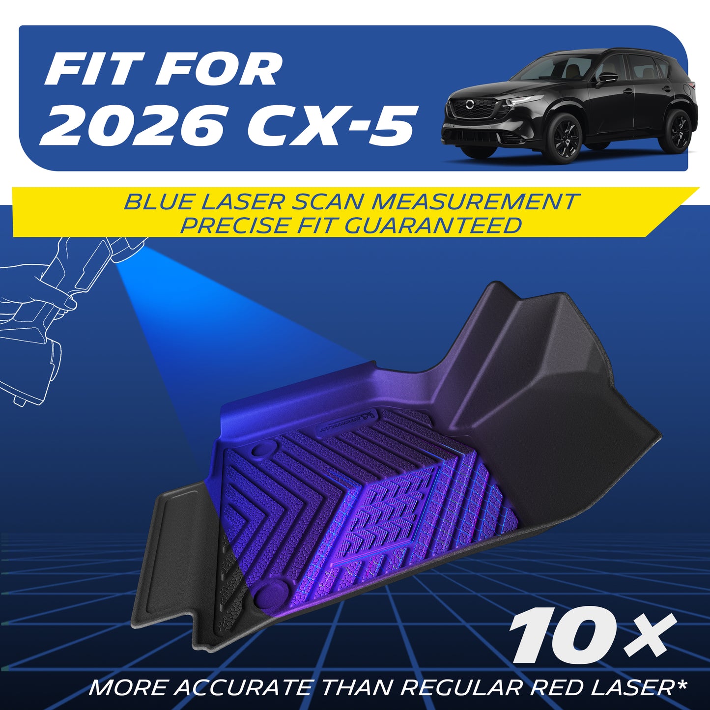 Michelin all-weather TPE floor mats, fits 2026 Mazda CX-5, blue laser scan measurement for precise fit, 10x more accurate than standard red laser, custom-fit guaranteed.