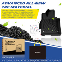 Michelin all-weather TPE floor mats, made from advanced all-new TPE material, engineered for durability and fully recyclable, maintains clean fresh interior with no harsh chemical odors, all-weather protection, includes a storage bag for clean organized storage.