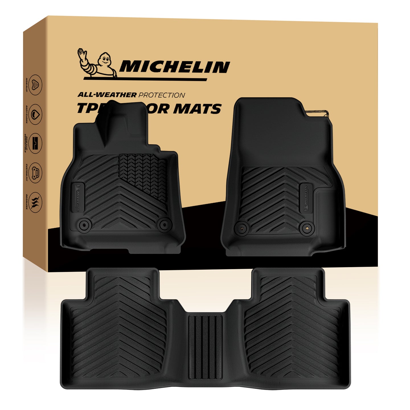 Michelin all-weather TPE floor mats, advanced protection for vehicles, durable and slip-resistant, custom-fit car mats.