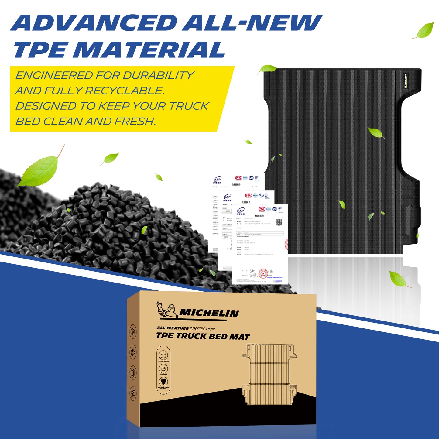 Michelin Colorado Canyon 5FT 2015-2022 truck bed mat with TPE pellets certification documents and packaging box
