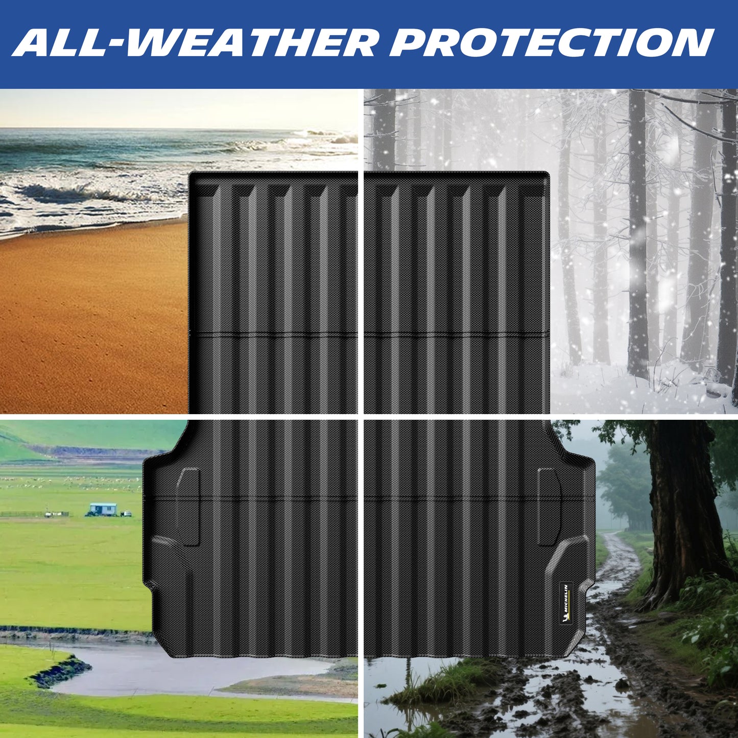 Michelin Colorado Canyon 5FT 2023-2026 truck bed mat shown in beach snow rain and mud conditions for all weather protection