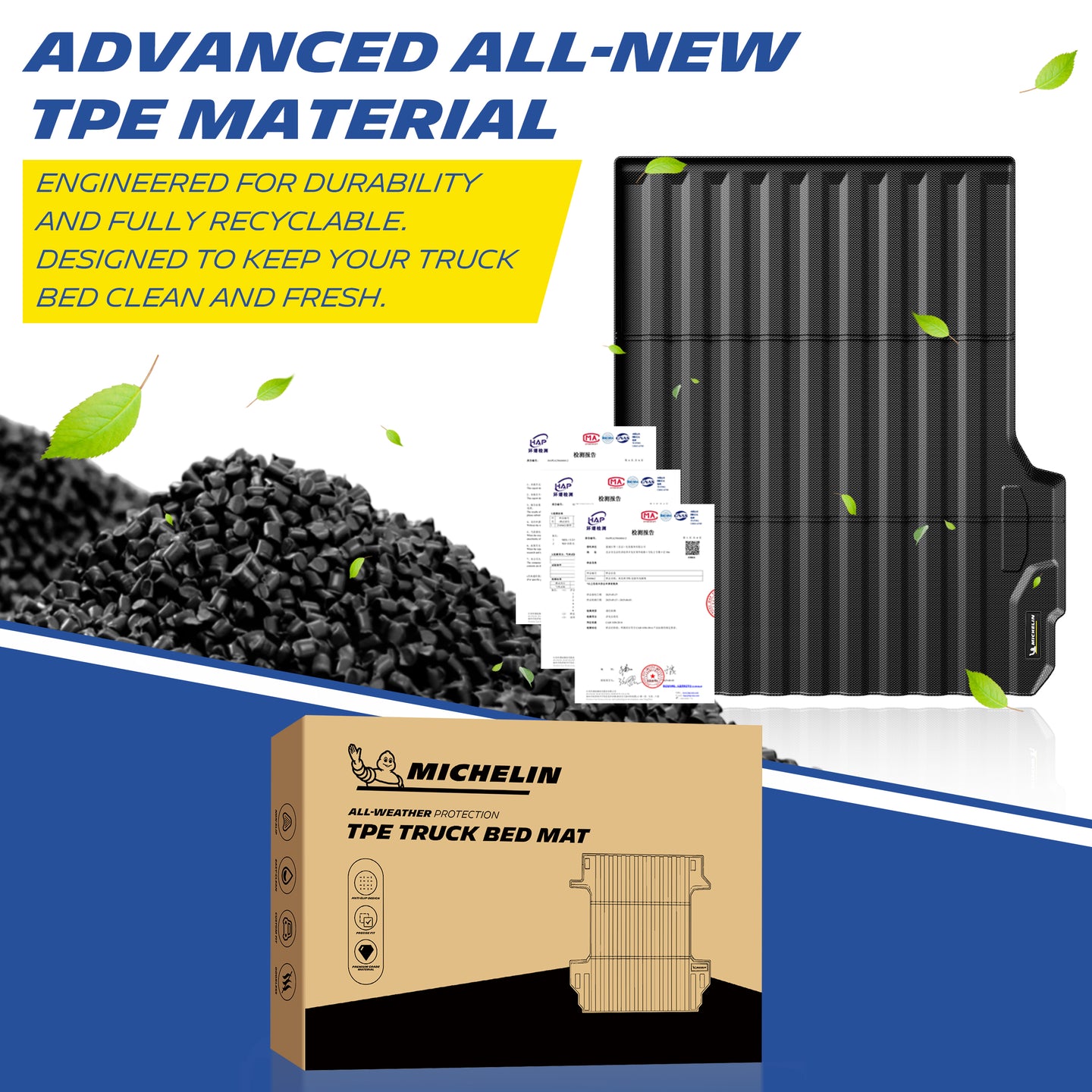 Michelin Colorado Canyon 5FT 2023-2026 truck bed mat made from recyclable TPE material with raw pellets and certification documents