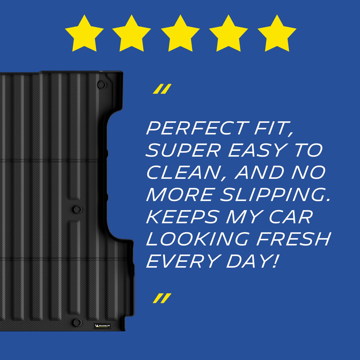 Michelin Ford F150 5.5 FT truck bed mat with five star rating and customer testimonial quote layout