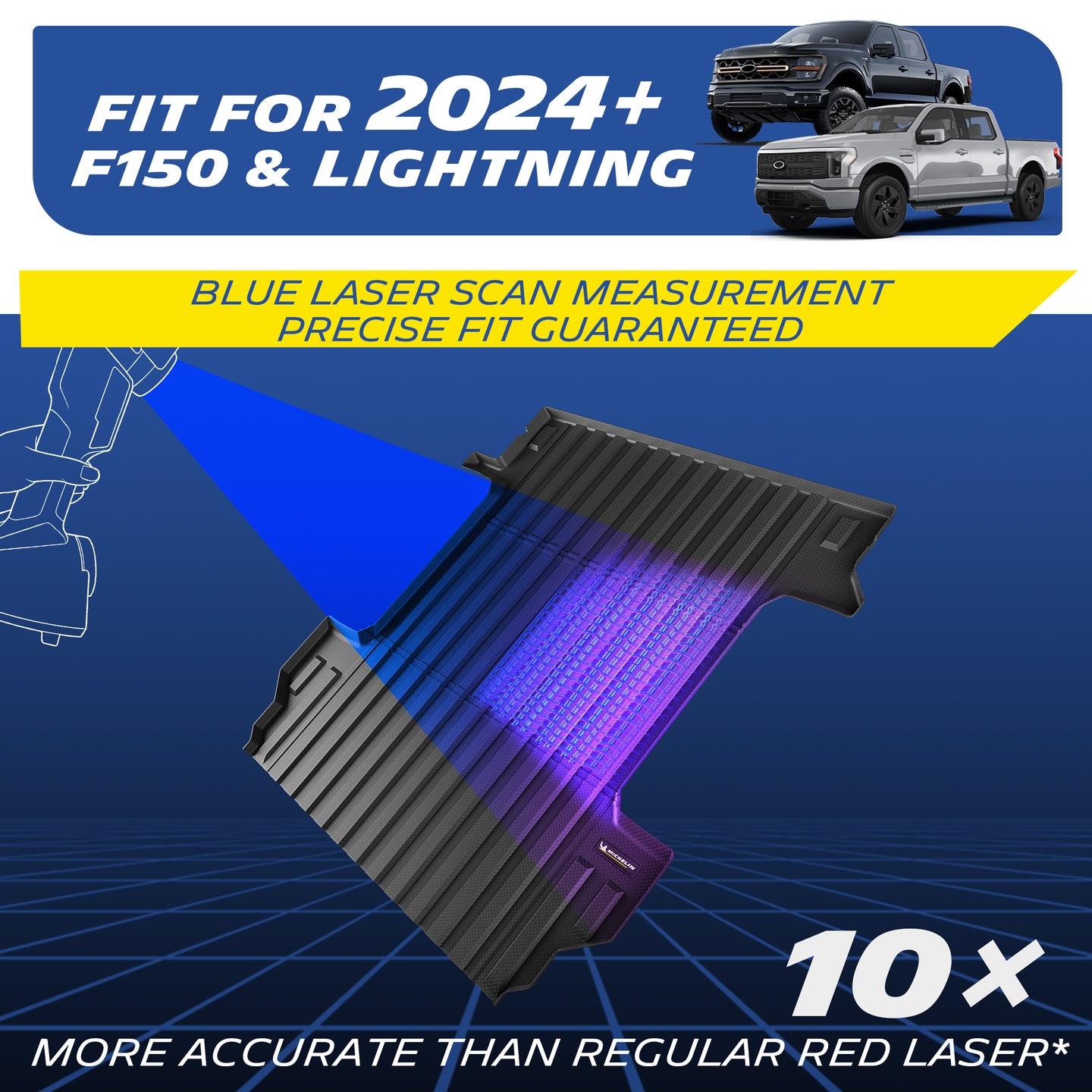 Michelin Ford F150 5.5 FT truck bed mat showing blue laser scan measurement for precise fit design