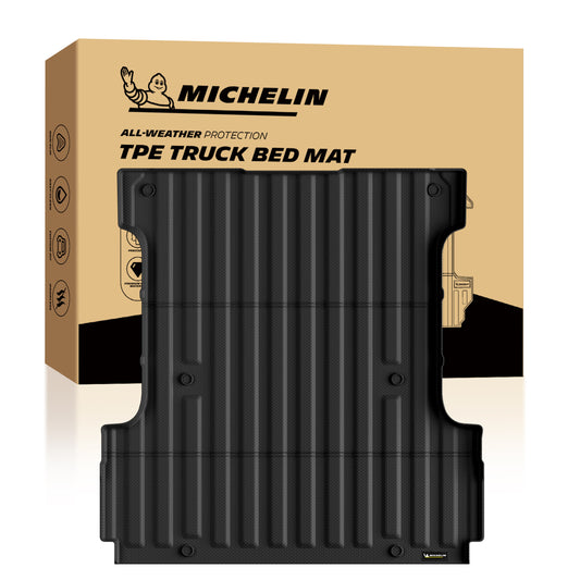 Michelin Ford F150 5.5 FT truck bed mat placed in front of retail packaging box product display