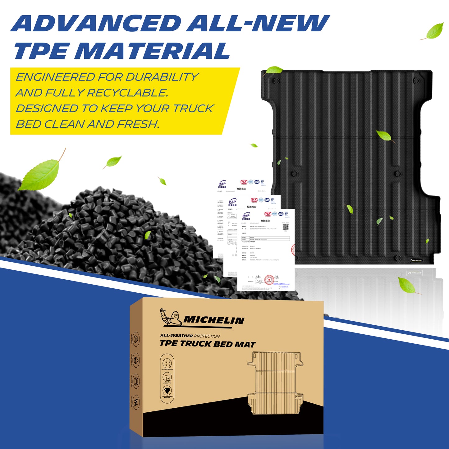 Michelin Ford F150 5.5 FT truck bed mat with TPE pellets certification sheets and packaging box