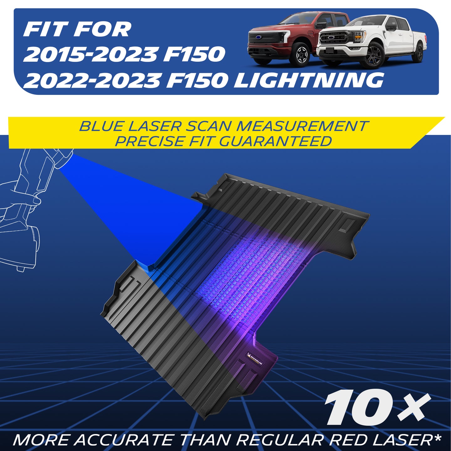 Michelin Ford F150 5.5FT 2015-2023 truck bed mat with blue laser precision scanning illustration