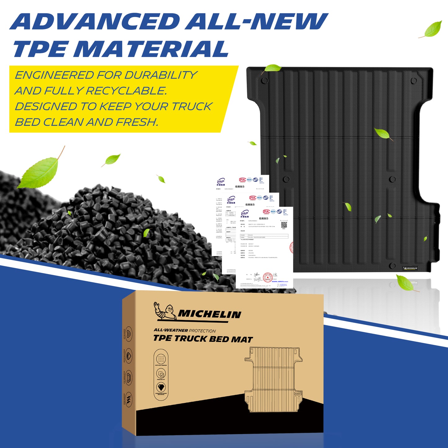 Michelin Ford F150 5.5FT 2015-2023 truck bed mat with TPE material pellets and retail packaging box