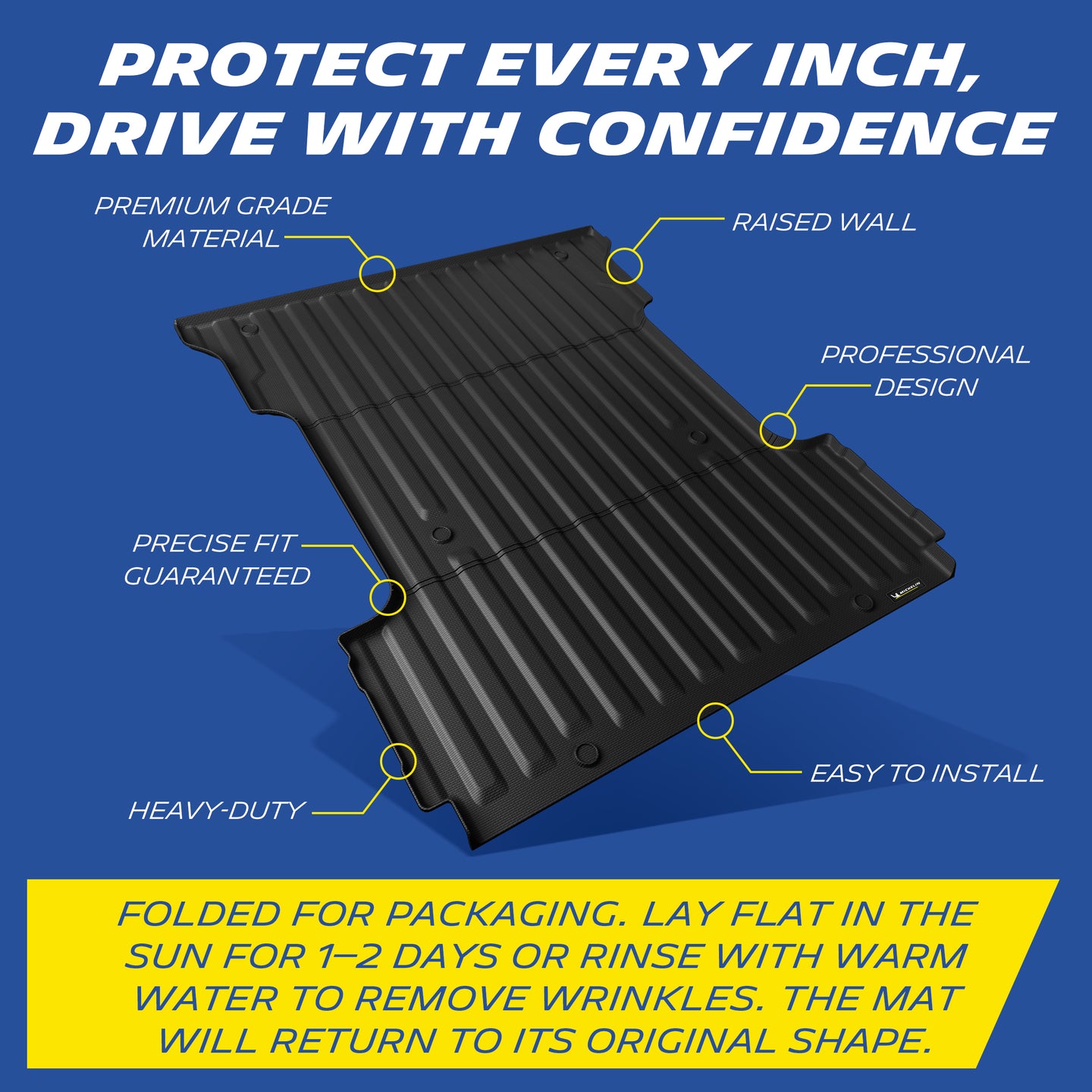 Michelin Ford F150 6.5 FT truck bed mat overview showing raised wall heavy duty material and easy installation