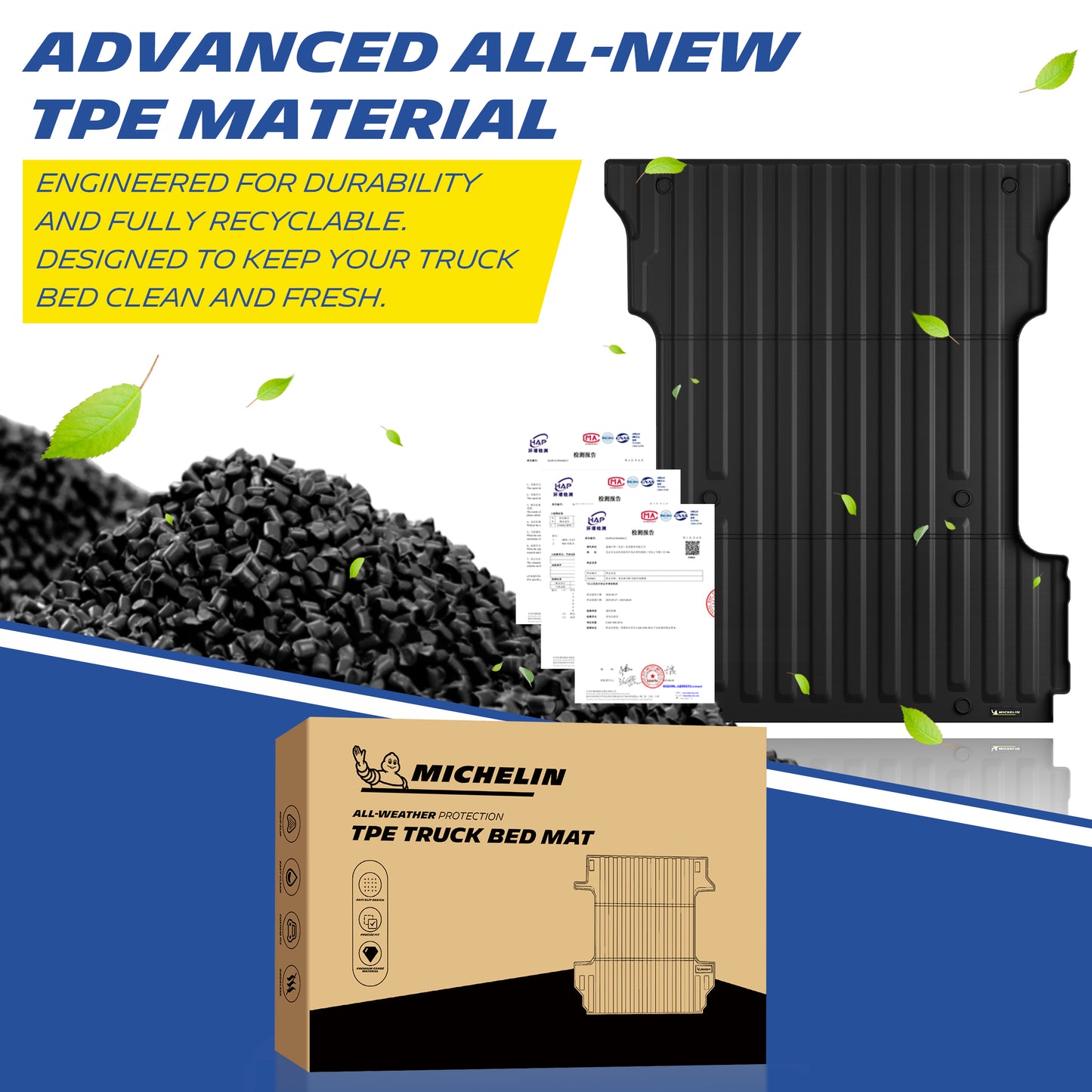Michelin Ford F150 6.5 FT truck bed mat with TPE material granules and packaging box display