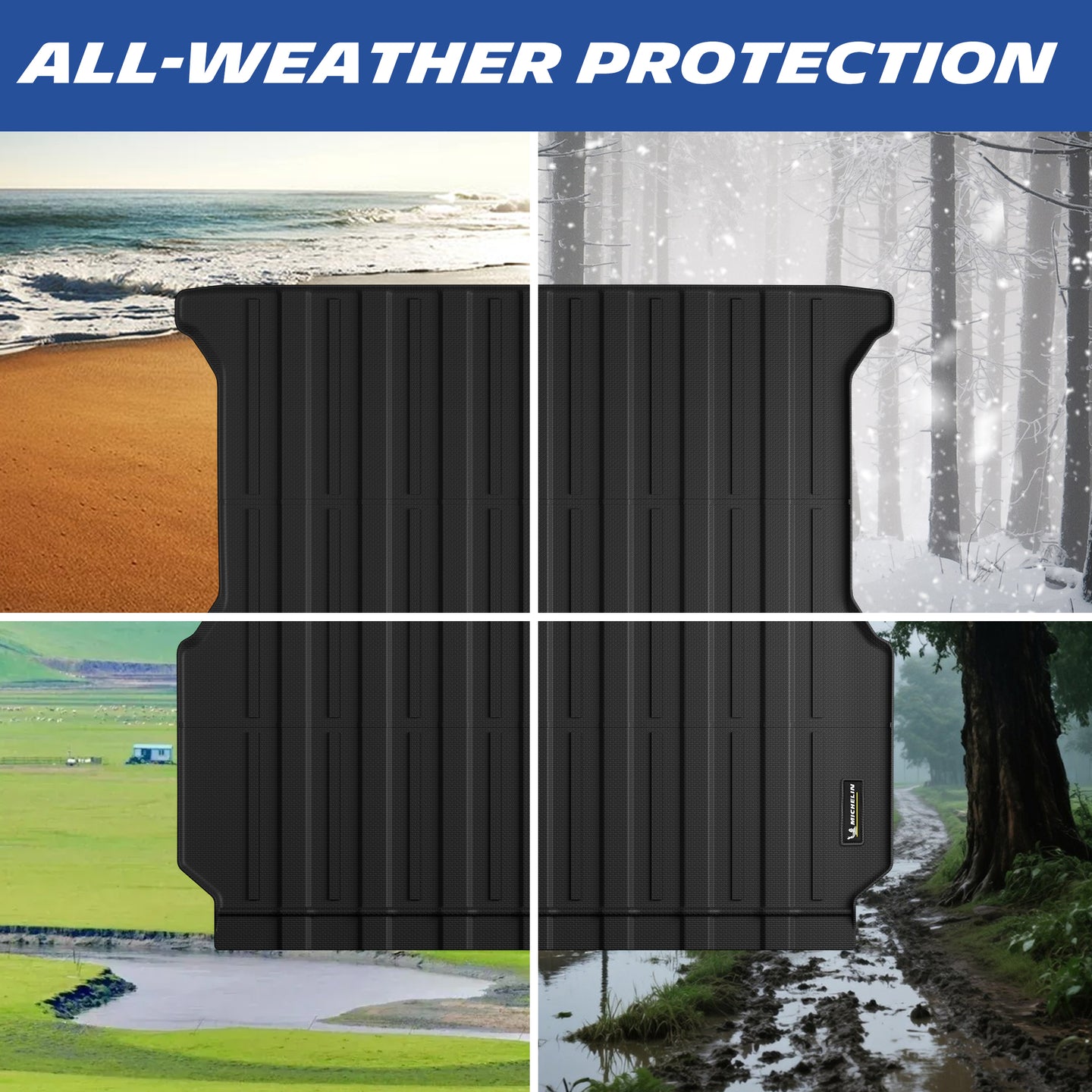 Michelin Ford F-150 tailgate protector 2021-2026 shown in beach snow grass and muddy road conditions
