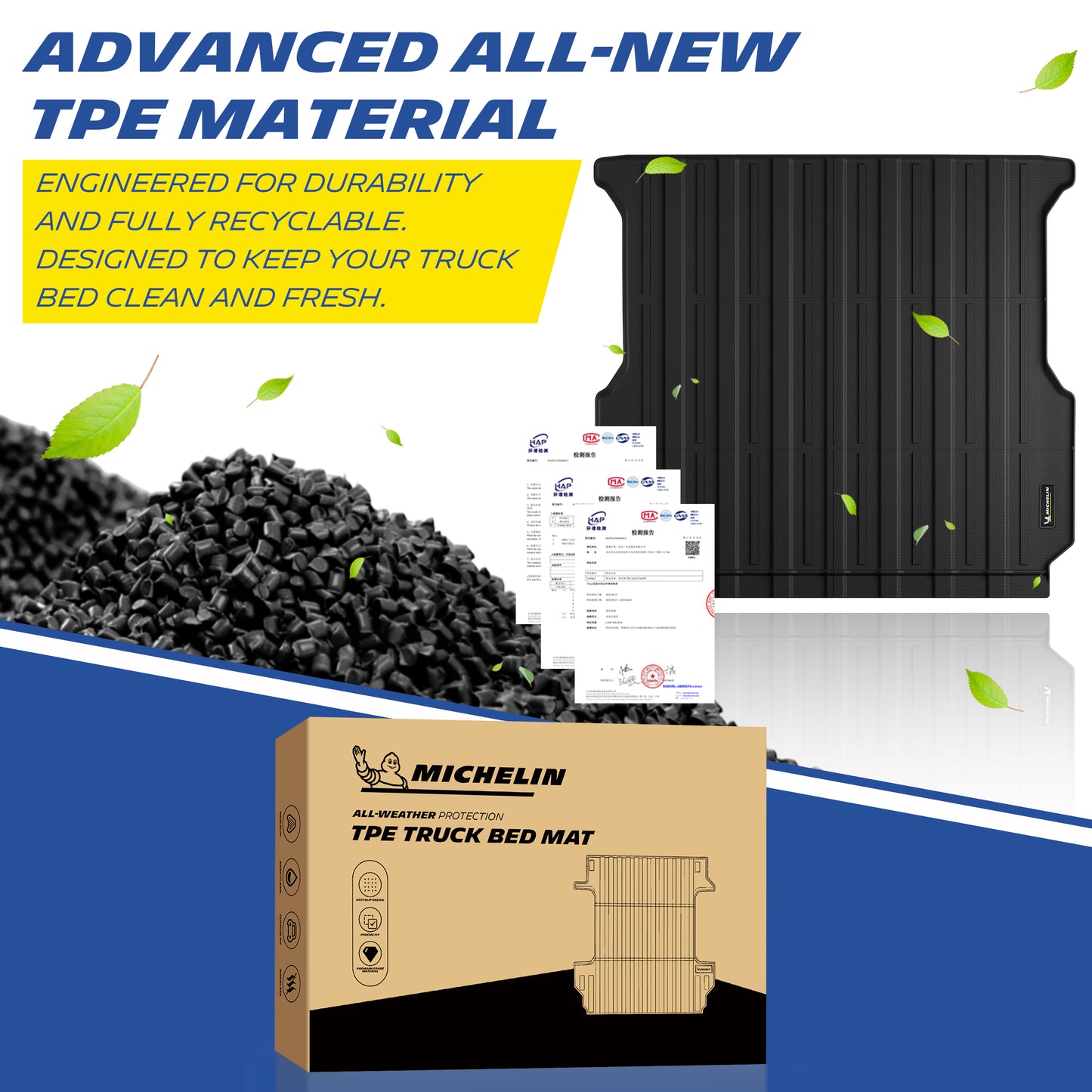 Michelin Ford F-150 tailgate protector 2021-2026 TPE material display with pellets certificates and product panel