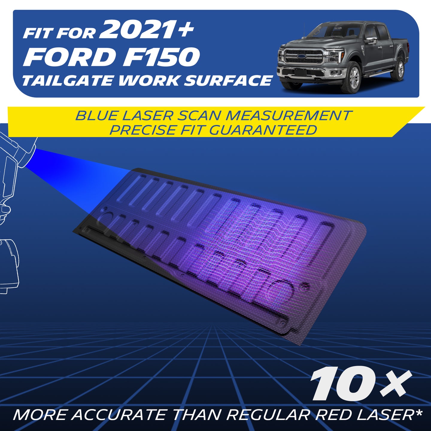 Michelin Ford F150 tailgate work surface 2021-2026 mat with blue laser scan illustrating precise custom fit
