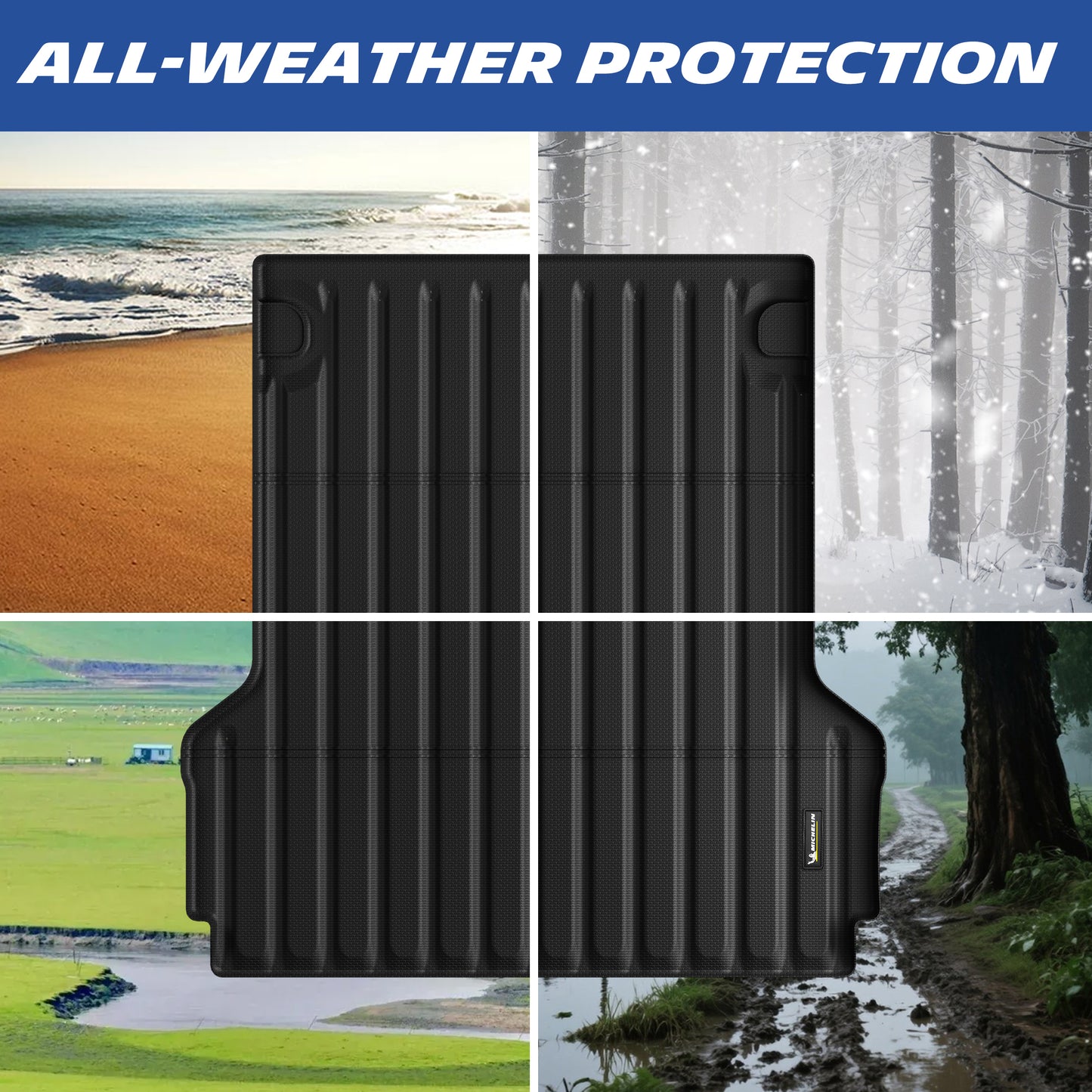 Michelin Ford Maverick 4.5 FT 2022¨C2026 bed mat shown in sand snow mud and wet outdoor conditions